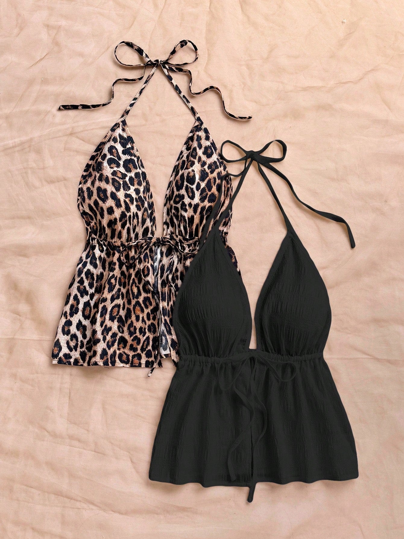 Soleia 2pcs Leopard Print & Black Halter V-Neck Backless Textured Camisole Boho Beach Holiday,Music Festival Bohemian Tops No Chest Padding