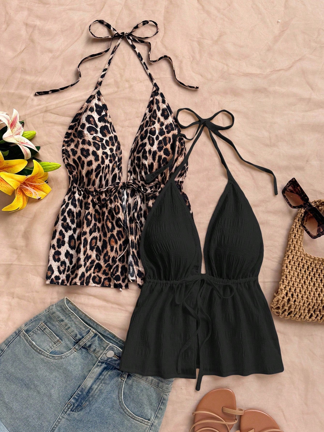 Soleia 2pcs Leopard Print & Black Halter V-Neck Backless Textured Camisole Boho Beach Holiday,Music Festival Bohemian Tops No Chest Padding