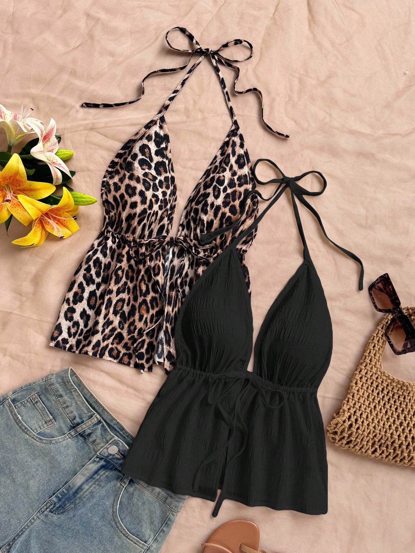 Soleia 2pcs Leopard Print & Black Halter V-Neck Backless Textured Camisole Boho Beach Holiday,Music Festival Bohemian Tops No Chest Padding