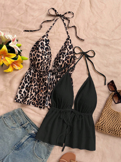 Soleia 2pcs Leopard Print & Black Halter V-Neck Backless Textured Camisole Boho Beach Holiday,Music Festival Bohemian Tops No Chest Padding