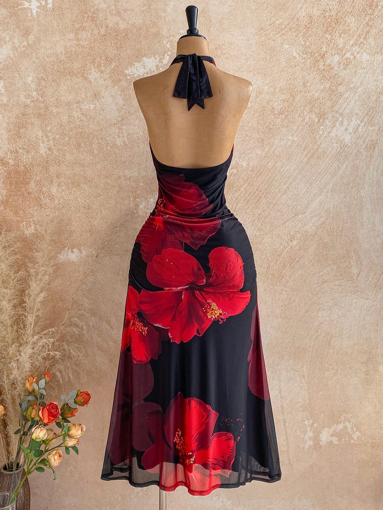 Soleia Black And Red,Summer,Casual,Holiday,Vacation,Holiday Women's Floral Print Mesh Backless Maxi Dress,Elegant Boho Tropical Wedding Guest Party Attire