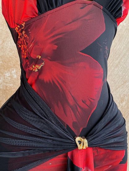 Soleia Black And Red,Summer,Casual,Holiday,Vacation,Holiday Women's Floral Print Mesh Backless Maxi Dress,Elegant Boho Tropical Wedding Guest Party Attire