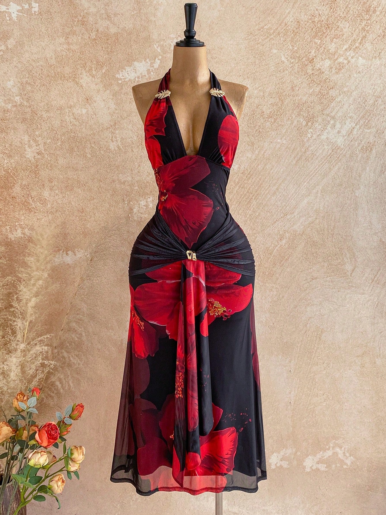 Soleia Black And Red,Summer,Casual,Holiday,Vacation,Holiday Women's Floral Print Mesh Backless Maxi Dress,Elegant Boho Tropical Wedding Guest Party Attire