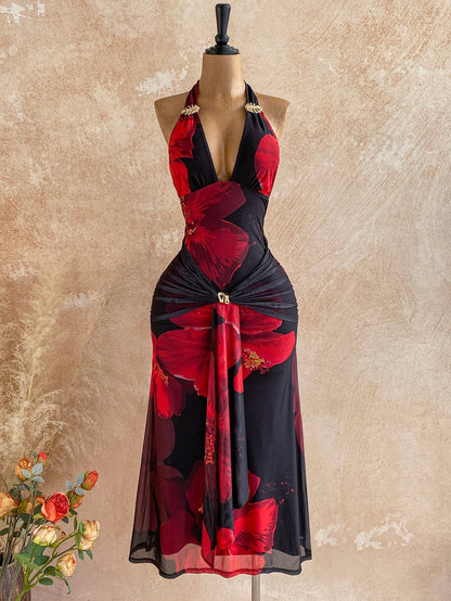 Soleia Black And Red,Summer,Casual,Holiday,Vacation,Holiday Women's Floral Print Mesh Backless Maxi Dress,Elegant Boho Tropical Wedding Guest Party Attire