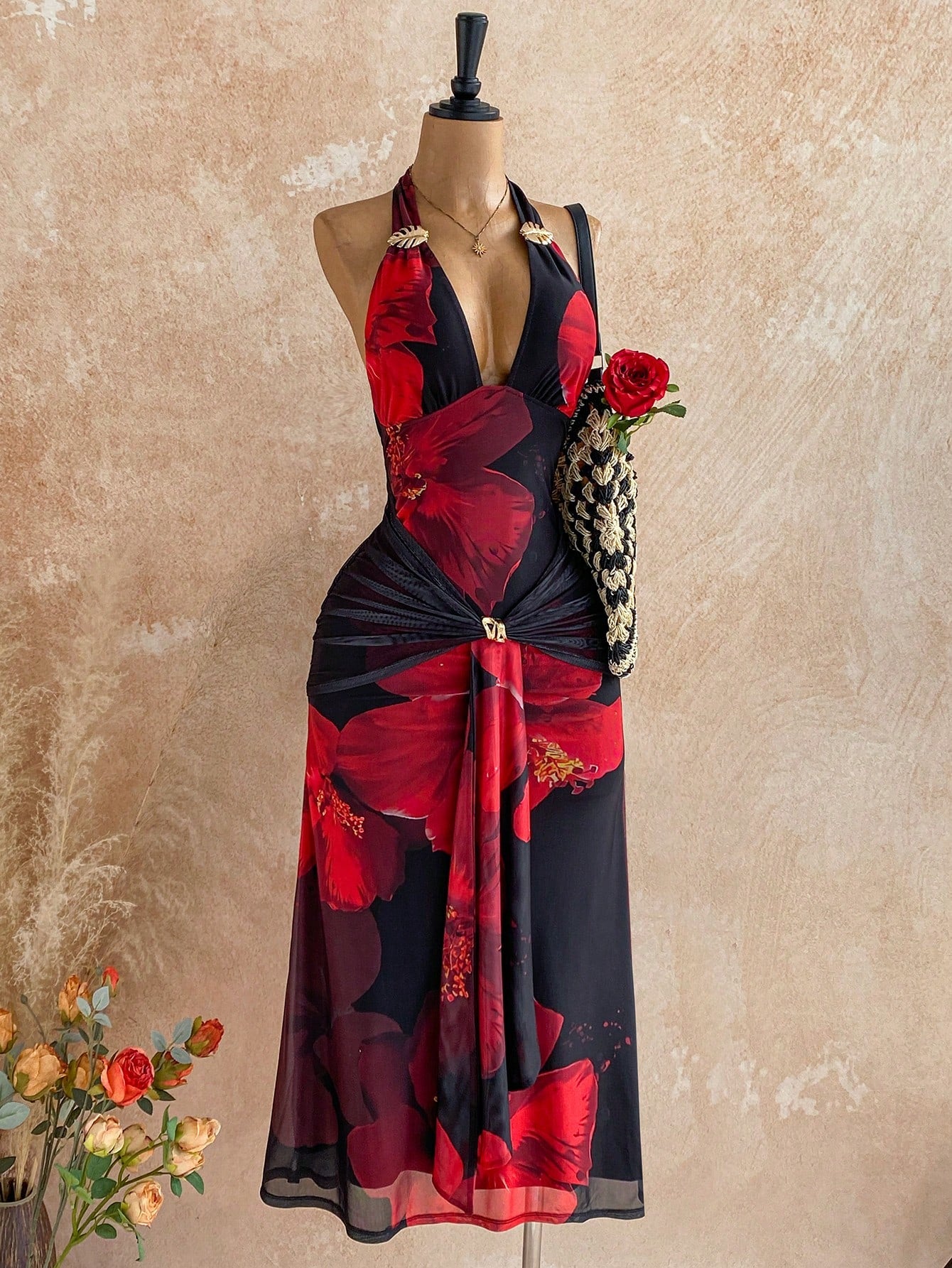 Soleia Black And Red,Summer,Casual,Holiday,Vacation,Holiday Women's Floral Print Mesh Backless Maxi Dress,Elegant Boho Tropical Wedding Guest Party Attire