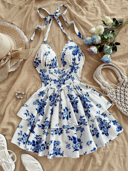 Soleia Boho White And Blue Floral Summer Holiday Tea Party Dress, Retro Watercolor Print Neck Tie Front Graduation Outfits Rave No Chest Padding