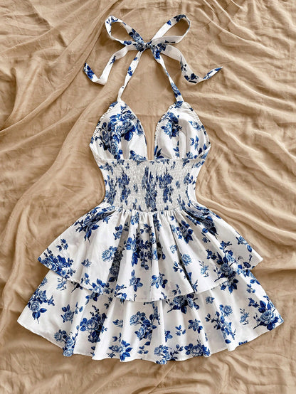Soleia Boho White And Blue Floral Summer Holiday Tea Party Dress, Retro Watercolor Print Neck Tie Front Graduation Outfits Rave No Chest Padding