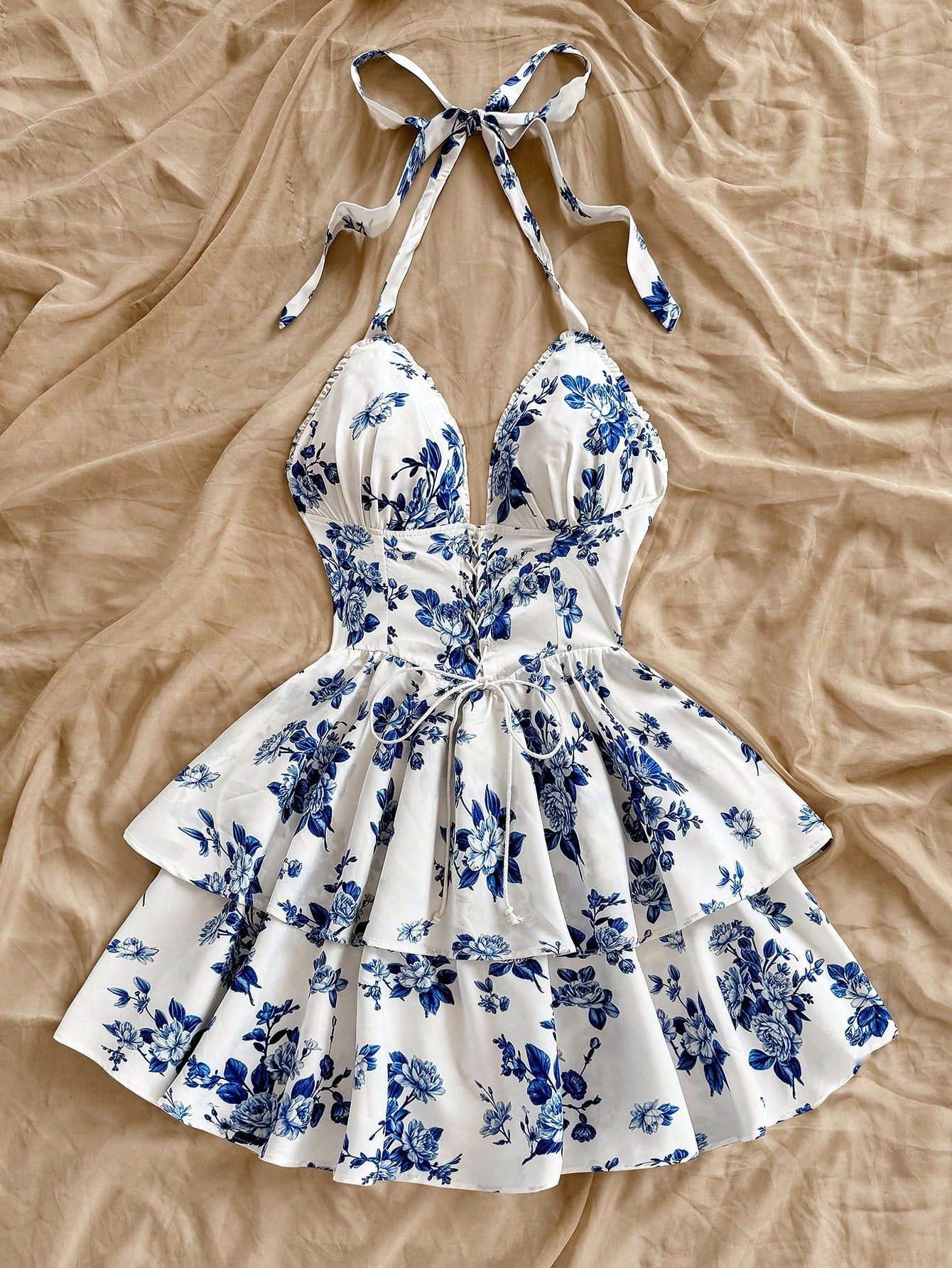 Soleia Boho White And Blue Floral Summer Holiday Tea Party Dress, Retro Watercolor Print Neck Tie Front Graduation Outfits Rave No Chest Padding