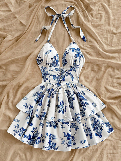 Soleia Boho White And Blue Floral Summer Holiday Tea Party Dress, Retro Watercolor Print Neck Tie Front Graduation Outfits Rave No Chest Padding