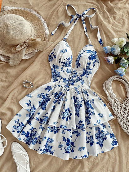 Soleia Boho White And Blue Floral Summer Holiday Tea Party Dress, Retro Watercolor Print Neck Tie Front Graduation Outfits Rave No Chest Padding