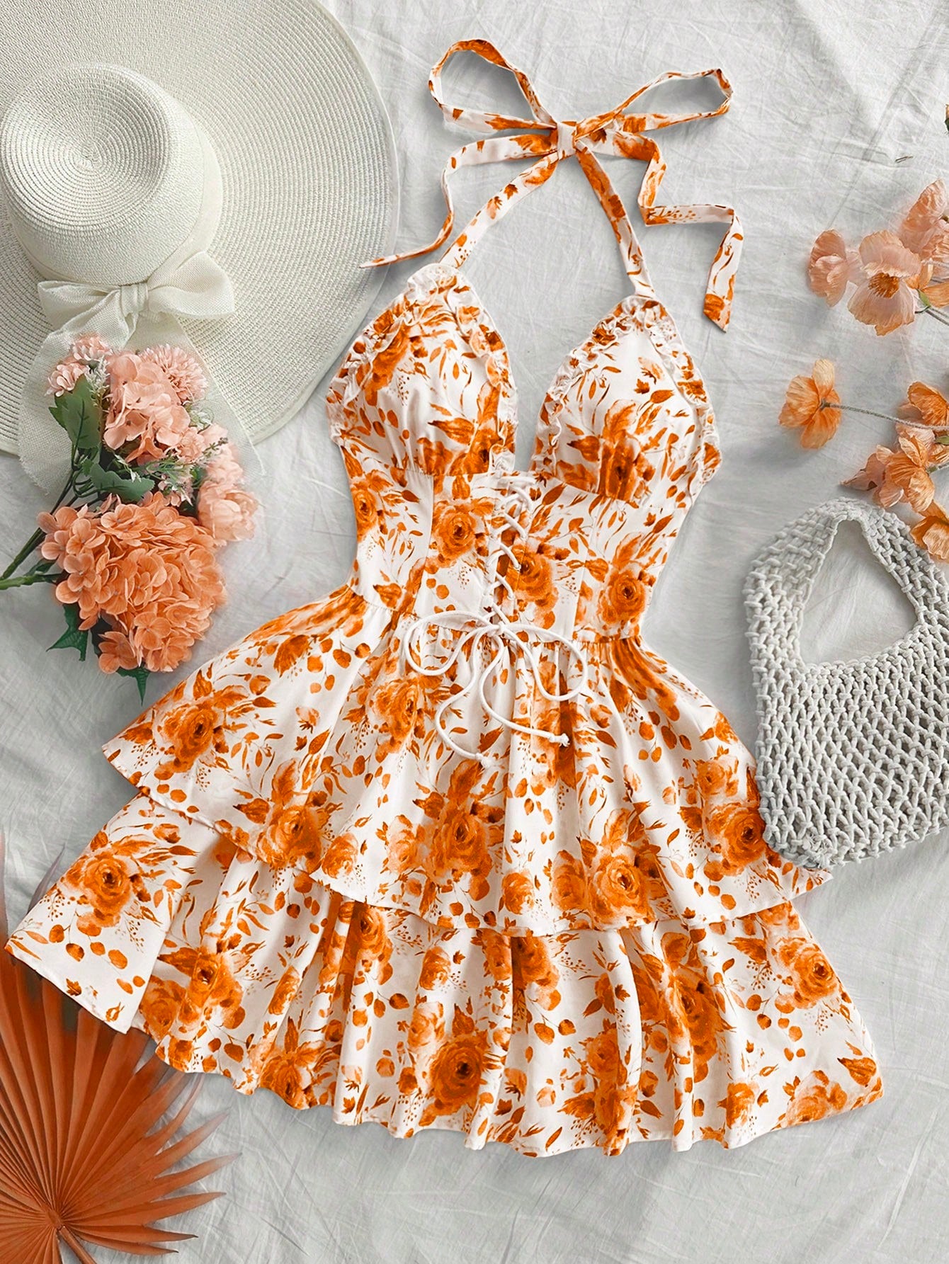 Soleia Boho White And Blue Floral Summer Holiday Tea Party Dress, Retro Watercolor Print Neck Tie Front Graduation Outfits Rave No Chest Padding