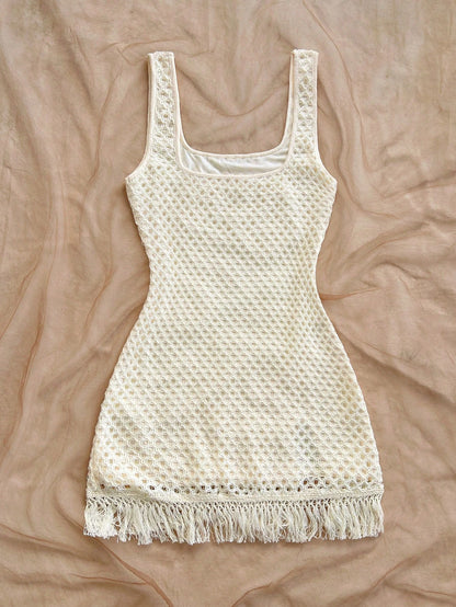 Soleia Cream White Sleeveless Cinched Waist Floral Print Bodycon Mini Dress,Boho Holiday Vacation,Beach Crochet Dress For Music Festival,No Chest Padding