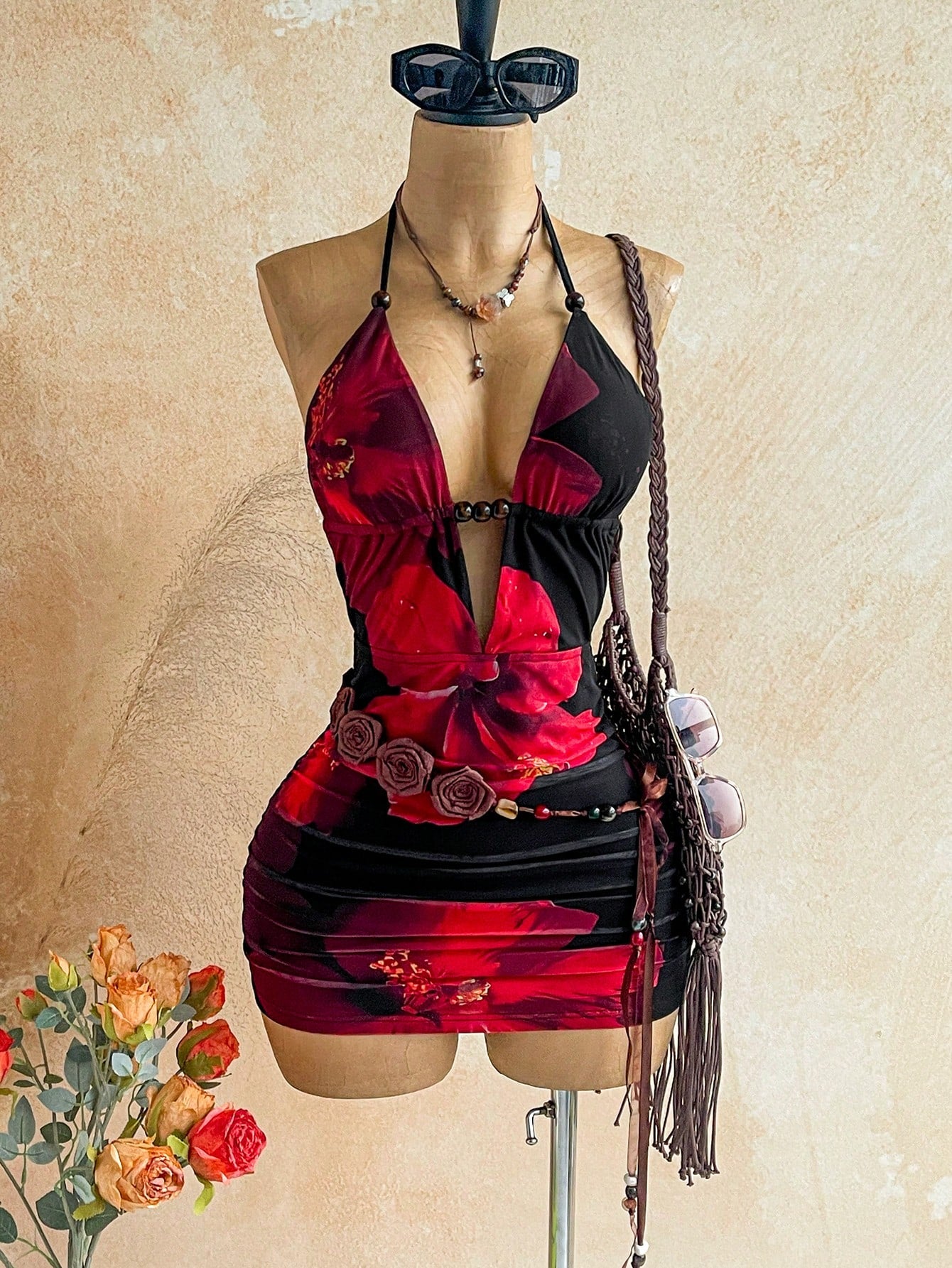 Soleia Women's Black Floral Retro Tie-Dye Abstract Leopard & Zebra Print Deep V Halter Backless Ruched Bodycon Mini Dress,Summer Boho Beach,No Chest Padding