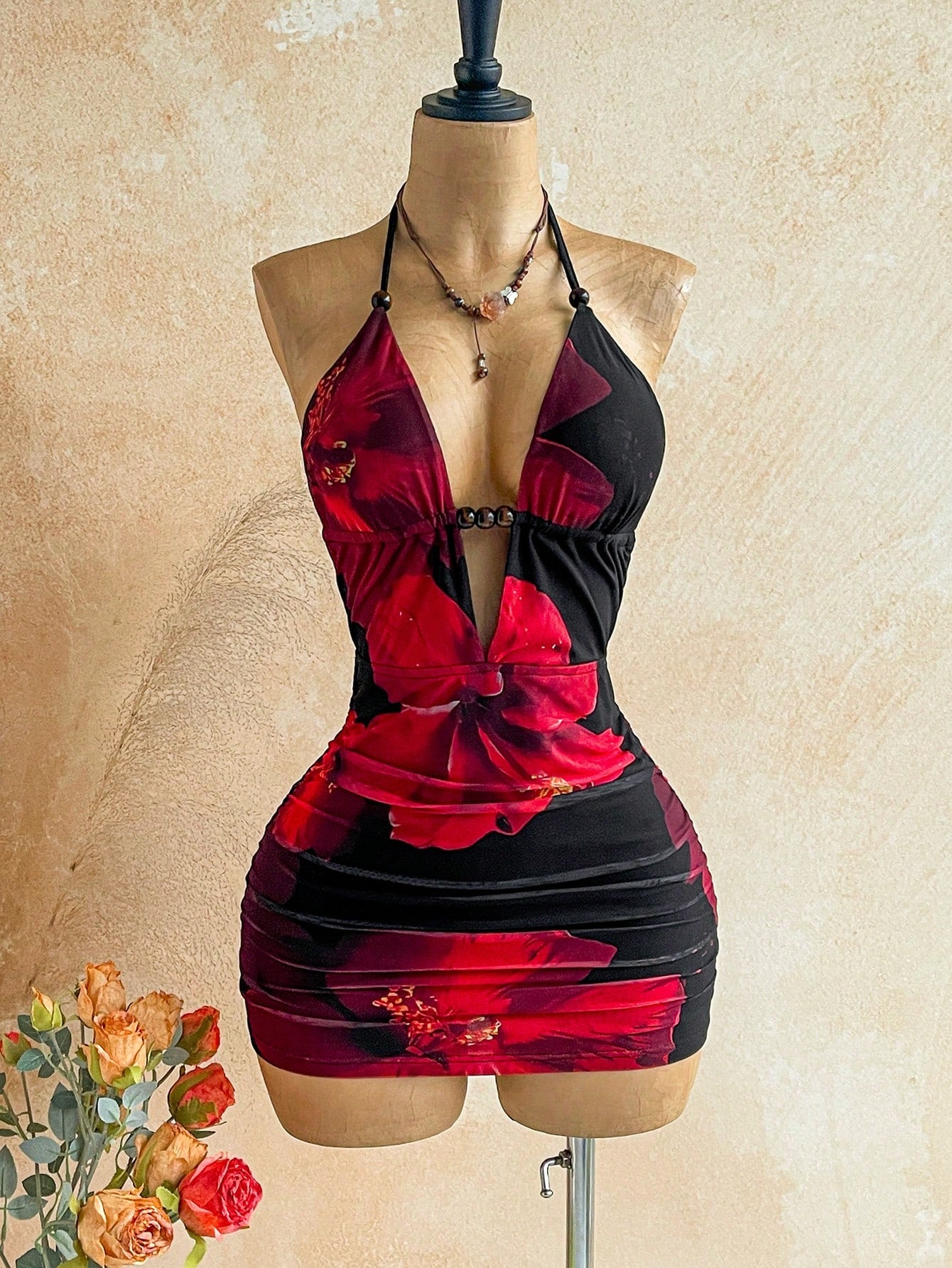 Soleia Women's Black Floral Retro Tie-Dye Abstract Leopard & Zebra Print Deep V Halter Backless Ruched Bodycon Mini Dress,Summer Boho Beach,No Chest Padding