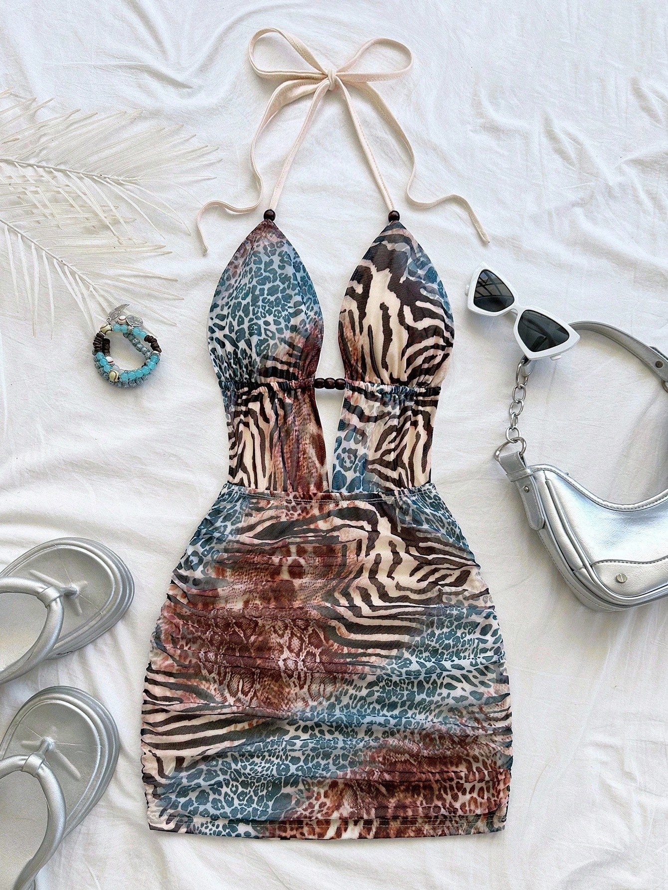 Soleia Women's Black Floral Retro Tie-Dye Abstract Leopard & Zebra Print Deep V Halter Backless Ruched Bodycon Mini Dress,Summer Boho Beach,No Chest Padding