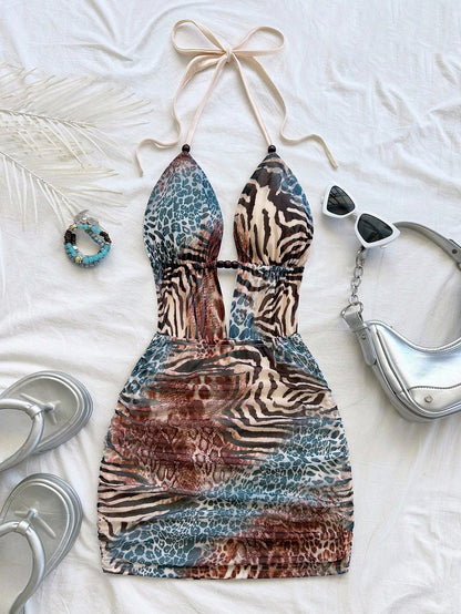 Soleia Women's Black Floral Retro Tie-Dye Abstract Leopard & Zebra Print Deep V Halter Backless Ruched Bodycon Mini Dress,Summer Boho Beach,No Chest Padding