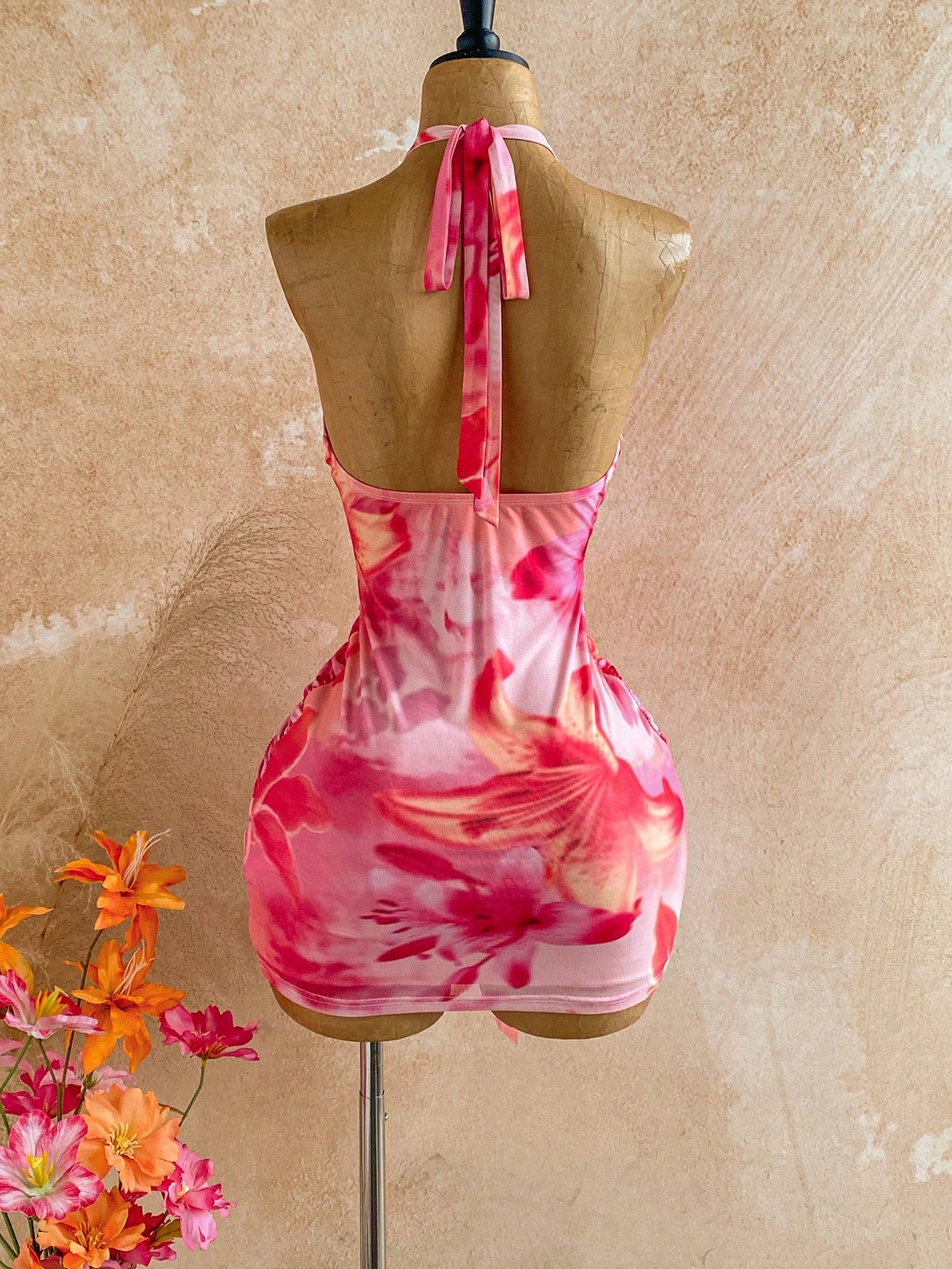 Soleia Women's Floral Print Halter Tie Sexy Mini Dress For Dates & Parties No Chest Padding