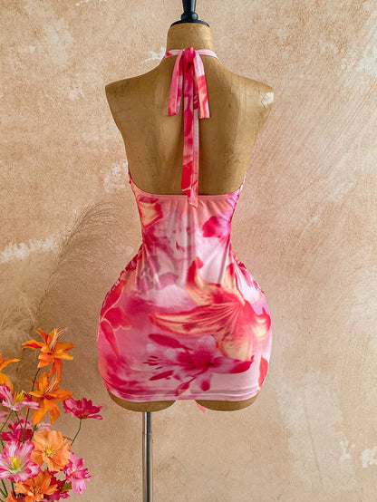 Soleia Women's Floral Print Halter Tie Sexy Mini Dress For Dates & Parties No Chest Padding