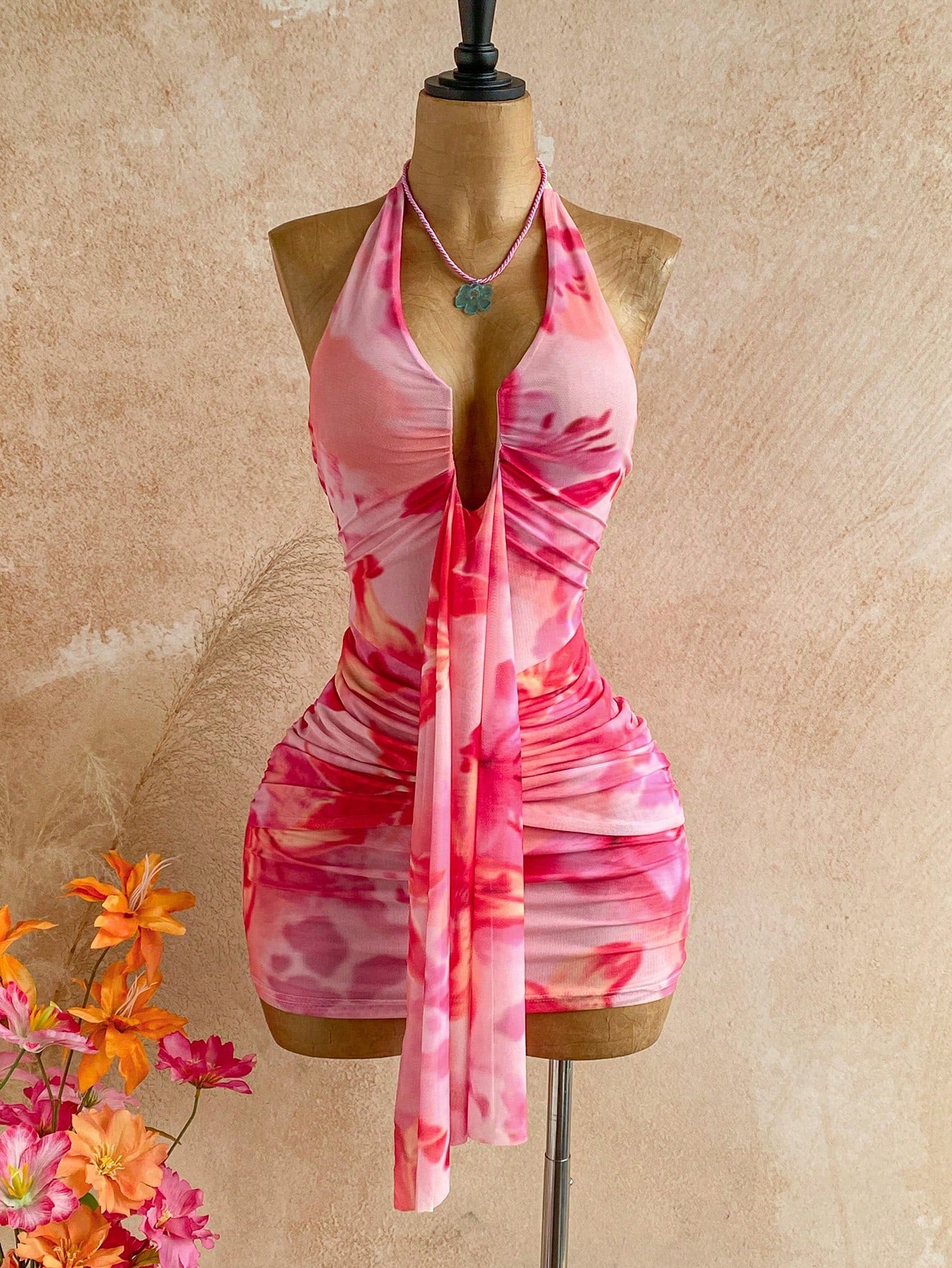 Soleia Women's Floral Print Halter Tie Sexy Mini Dress For Dates & Parties No Chest Padding