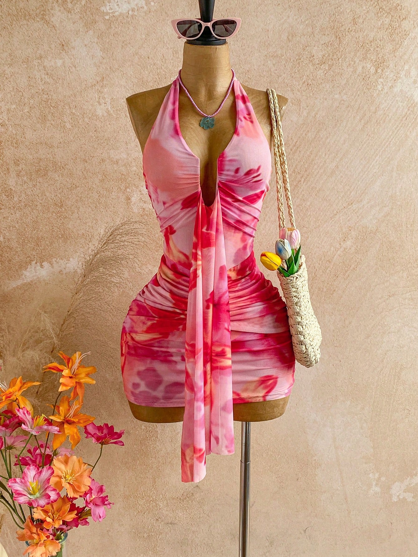 Soleia Women's Floral Print Halter Tie Sexy Mini Dress For Dates & Parties No Chest Padding