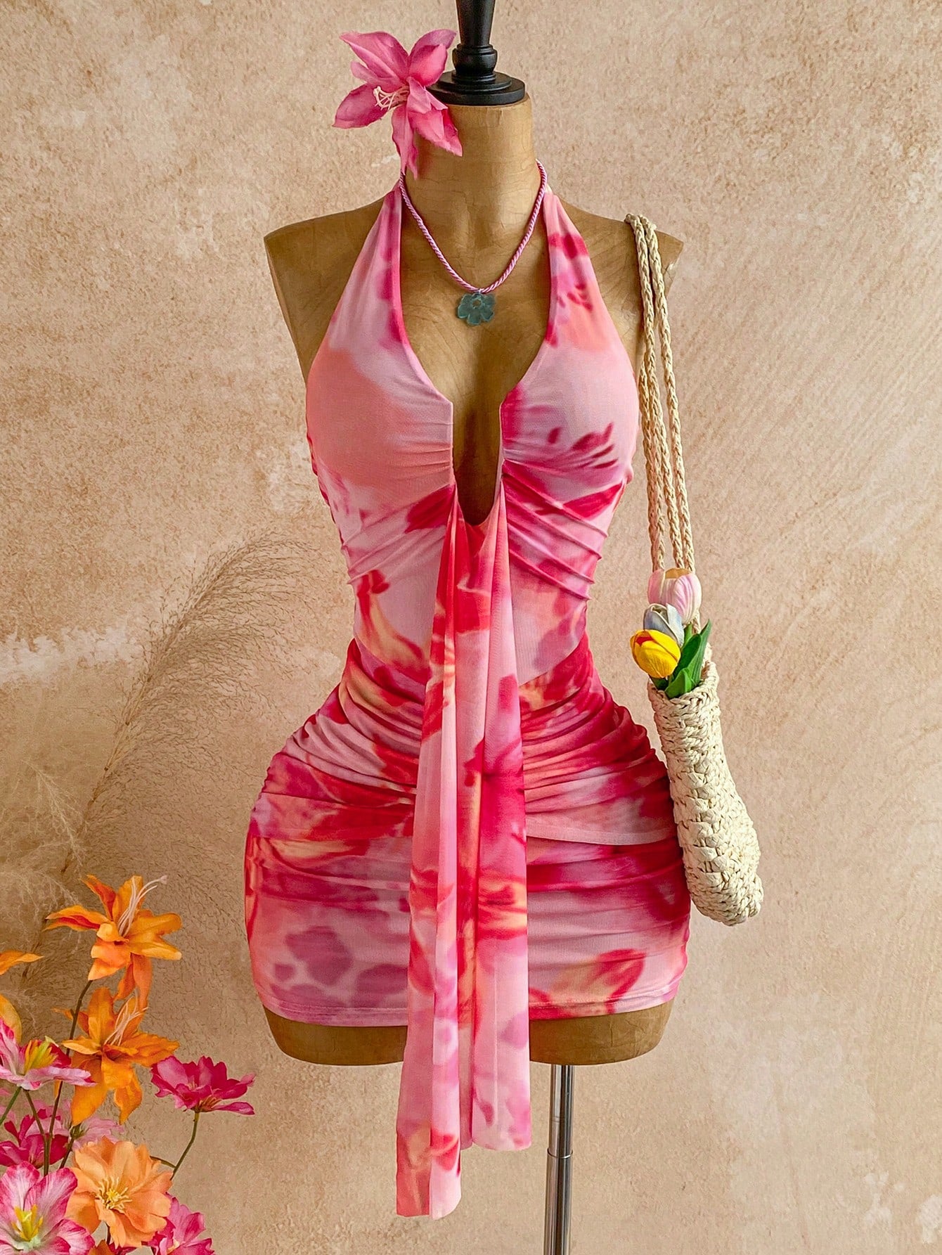 Soleia Women's Floral Print Halter Tie Sexy Mini Dress For Dates & Parties No Chest Padding
