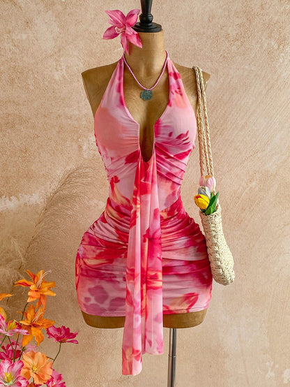 Soleia Women's Floral Print Halter Tie Sexy Mini Dress For Dates & Parties No Chest Padding