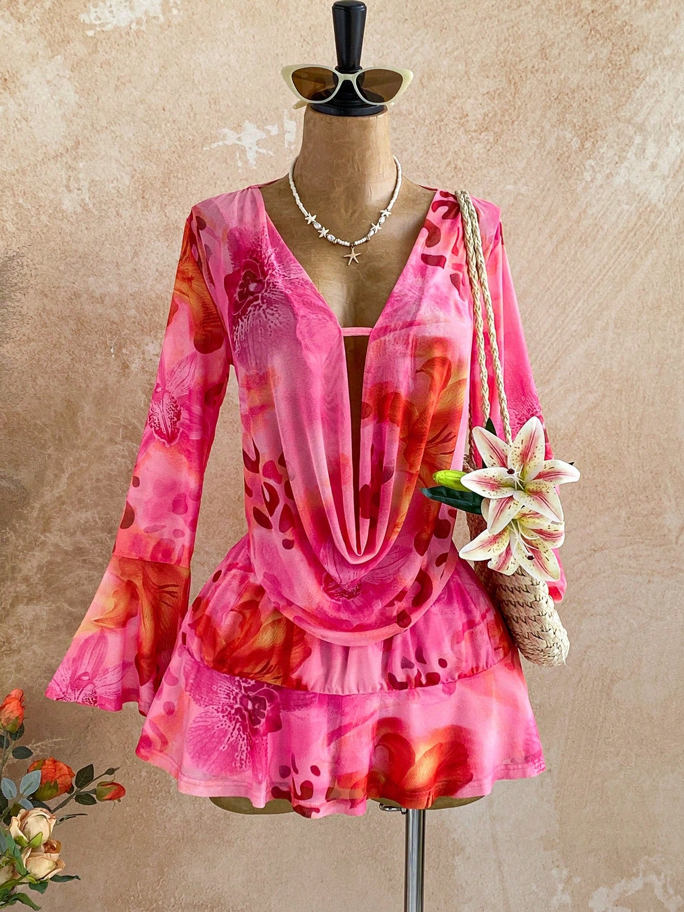 Soleia Women's Pink Floral Draped Neck Flare Sleeve Ruffle Hem Mini Dress,Boho Summer Vacation Holiday Outfit,Retro Beach Cruise Music Festival Dress