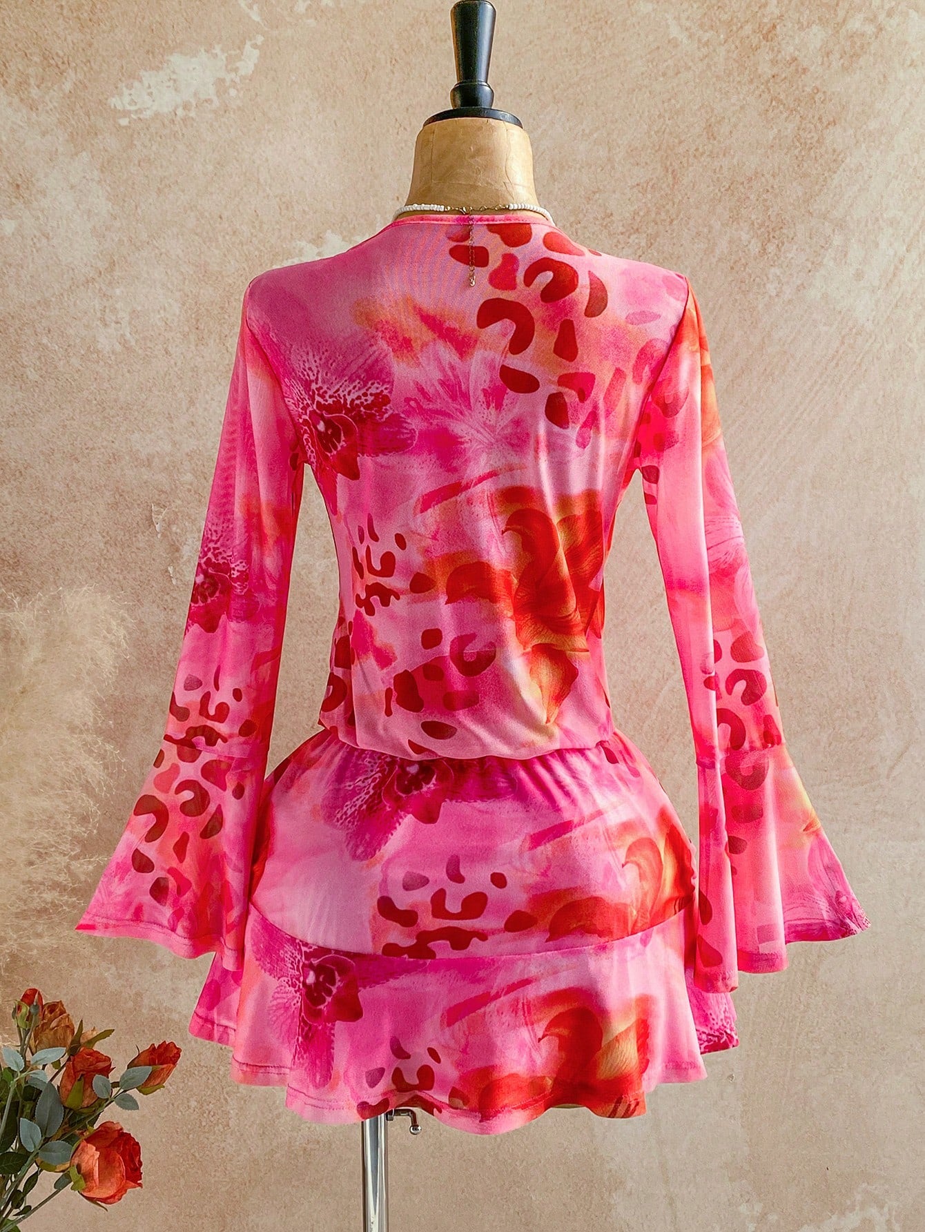 Soleia Women's Pink Floral Draped Neck Flare Sleeve Ruffle Hem Mini Dress,Boho Summer Vacation Holiday Outfit,Retro Beach Cruise Music Festival Dress