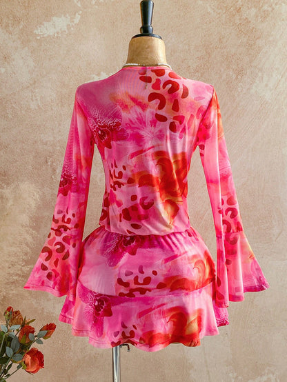 Soleia Women's Pink Floral Draped Neck Flare Sleeve Ruffle Hem Mini Dress,Boho Summer Vacation Holiday Outfit,Retro Beach Cruise Music Festival Dress