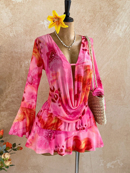 Soleia Women's Pink Floral Draped Neck Flare Sleeve Ruffle Hem Mini Dress,Boho Summer Vacation Holiday Outfit,Retro Beach Cruise Music Festival Dress