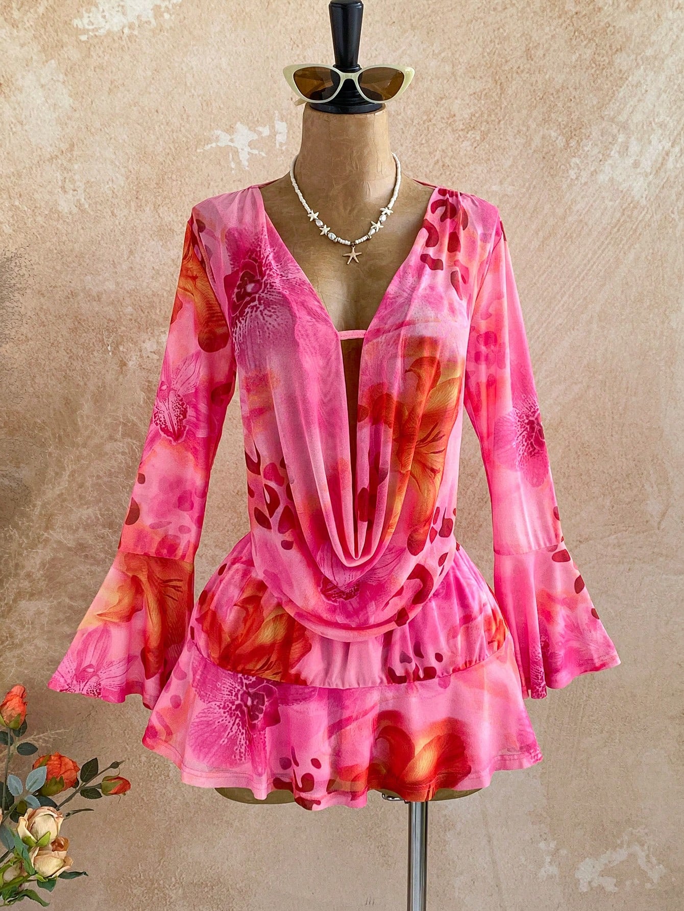 Soleia Women's Pink Floral Draped Neck Flare Sleeve Ruffle Hem Mini Dress,Boho Summer Vacation Holiday Outfit,Retro Beach Cruise Music Festival Dress