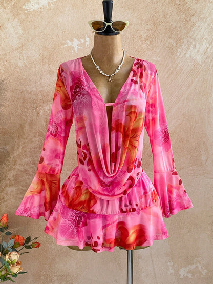 Soleia Women's Pink Floral Draped Neck Flare Sleeve Ruffle Hem Mini Dress,Boho Summer Vacation Holiday Outfit,Retro Beach Cruise Music Festival Dress