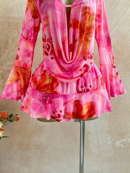 Soleia Women's Pink Floral Draped Neck Flare Sleeve Ruffle Hem Mini Dress,Boho Summer Vacation Holiday Outfit,Retro Beach Cruise Music Festival Dress