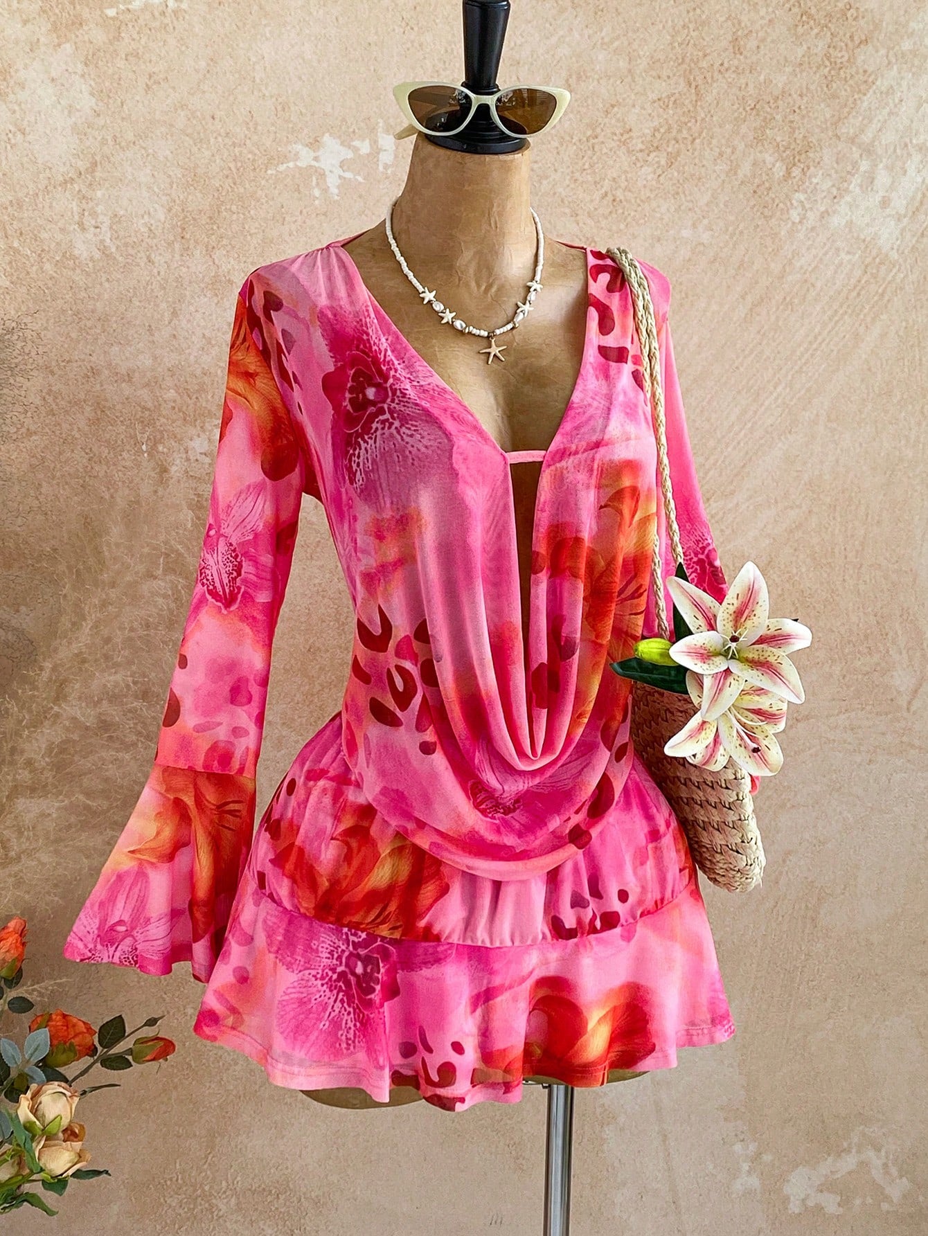 Soleia Women's Pink Floral Draped Neck Flare Sleeve Ruffle Hem Mini Dress,Boho Summer Vacation Holiday Outfit,Retro Beach Cruise Music Festival Dress