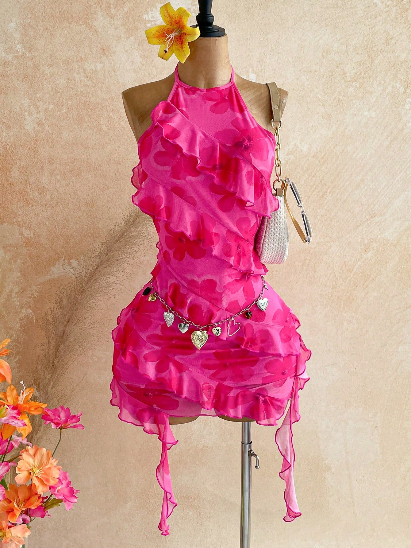 Soleia Women's Pink Floral Ruffle Hem Backless Halter Neck Mini Dress Club Night Summer