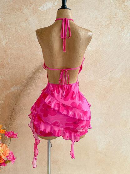 Soleia Women's Pink Floral Ruffle Hem Backless Halter Neck Mini Dress Club Night Summer