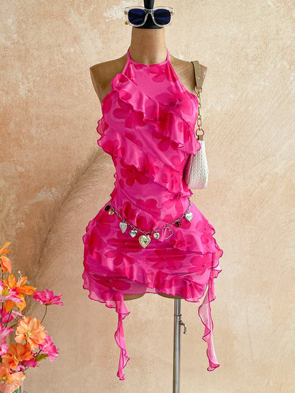 Soleia Women's Pink Floral Ruffle Hem Backless Halter Neck Mini Dress Club Night Summer