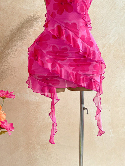 Soleia Women's Pink Floral Ruffle Hem Backless Halter Neck Mini Dress Club Night Summer