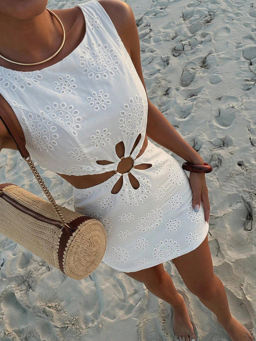 Soleia Women's Summer Boho White Floral Mini Dress, Openwork Embroidery Cut Out Holiday Vacation Outfit,Y2K Music Festival Party Graduation Dresses