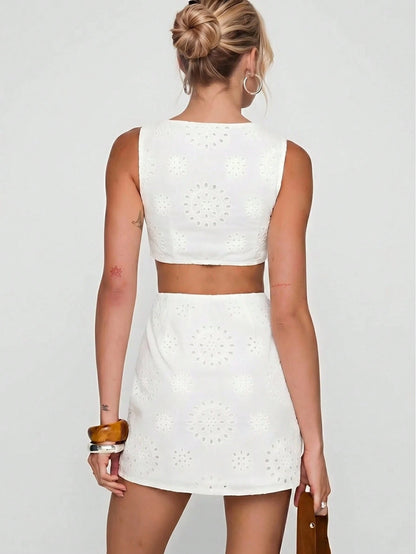 Soleia Women's Summer Boho White Floral Mini Dress, Openwork Embroidery Cut Out Holiday Vacation Outfit,Y2K Music Festival Party Graduation Dresses