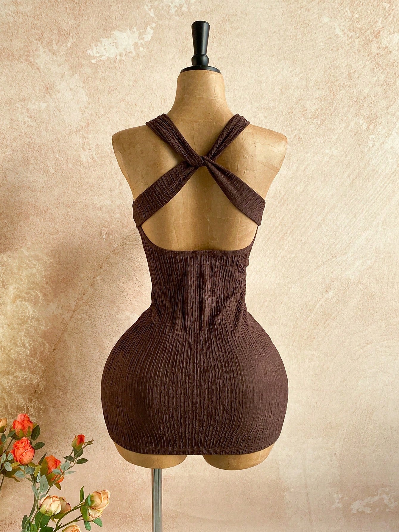 Soleia Women's Summer Fashion Twist Back Textured Mini Dress,Party Night Out Club Dresses For Women,Party Women,Christmas Dark Brown Sexy