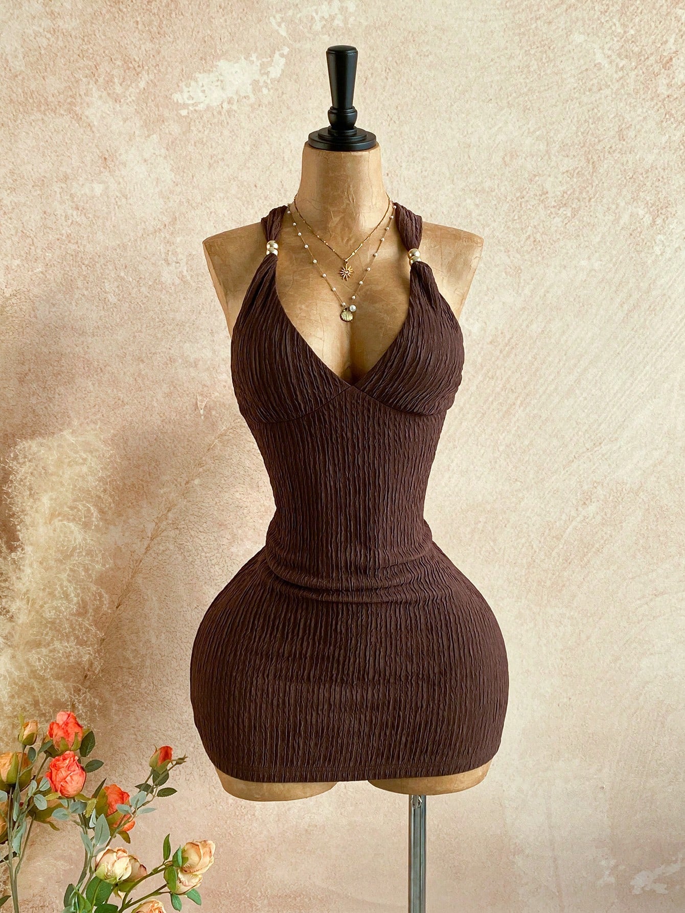 Soleia Women's Summer Fashion Twist Back Textured Mini Dress,Party Night Out Club Dresses For Women,Party Women,Christmas Dark Brown Sexy