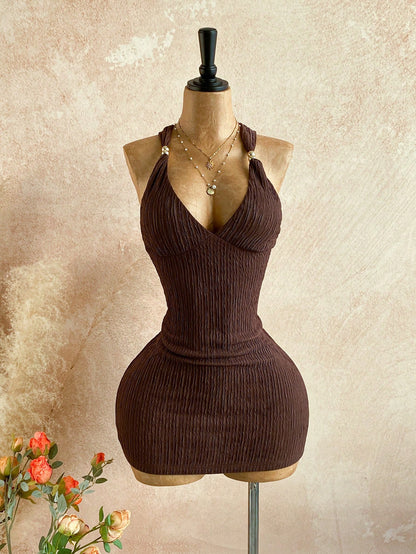 Soleia Women's Summer Fashion Twist Back Textured Mini Dress,Party Night Out Club Dresses For Women,Party Women,Christmas Dark Brown Sexy