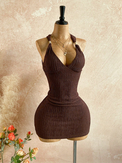 Soleia Women's Summer Fashion Twist Back Textured Mini Dress,Party Night Out Club Dresses For Women,Party Women,Christmas Dark Brown Sexy