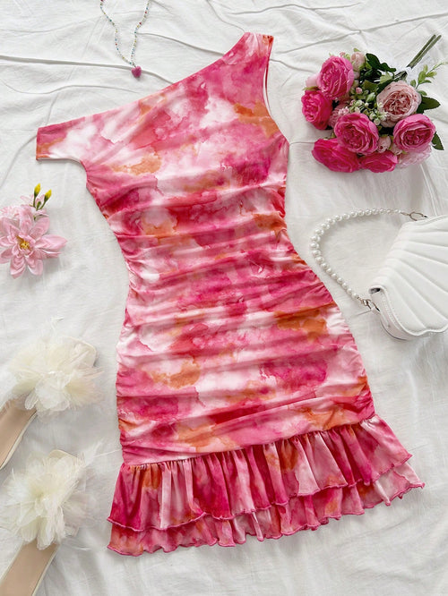 Soleia Women's Tie Dye Print Asymmetric Shoulder Ruffled Fitted Layered Mini Dress,Pink And White,Summer,Girly,Night Out,Party,No Chest Padding