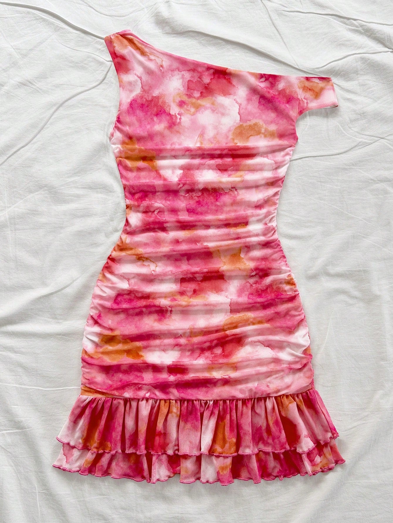 Soleia Women's Tie Dye Print Asymmetric Shoulder Ruffled Fitted Layered Mini Dress,Pink And White,Summer,Girly,Night Out,Party,No Chest Padding