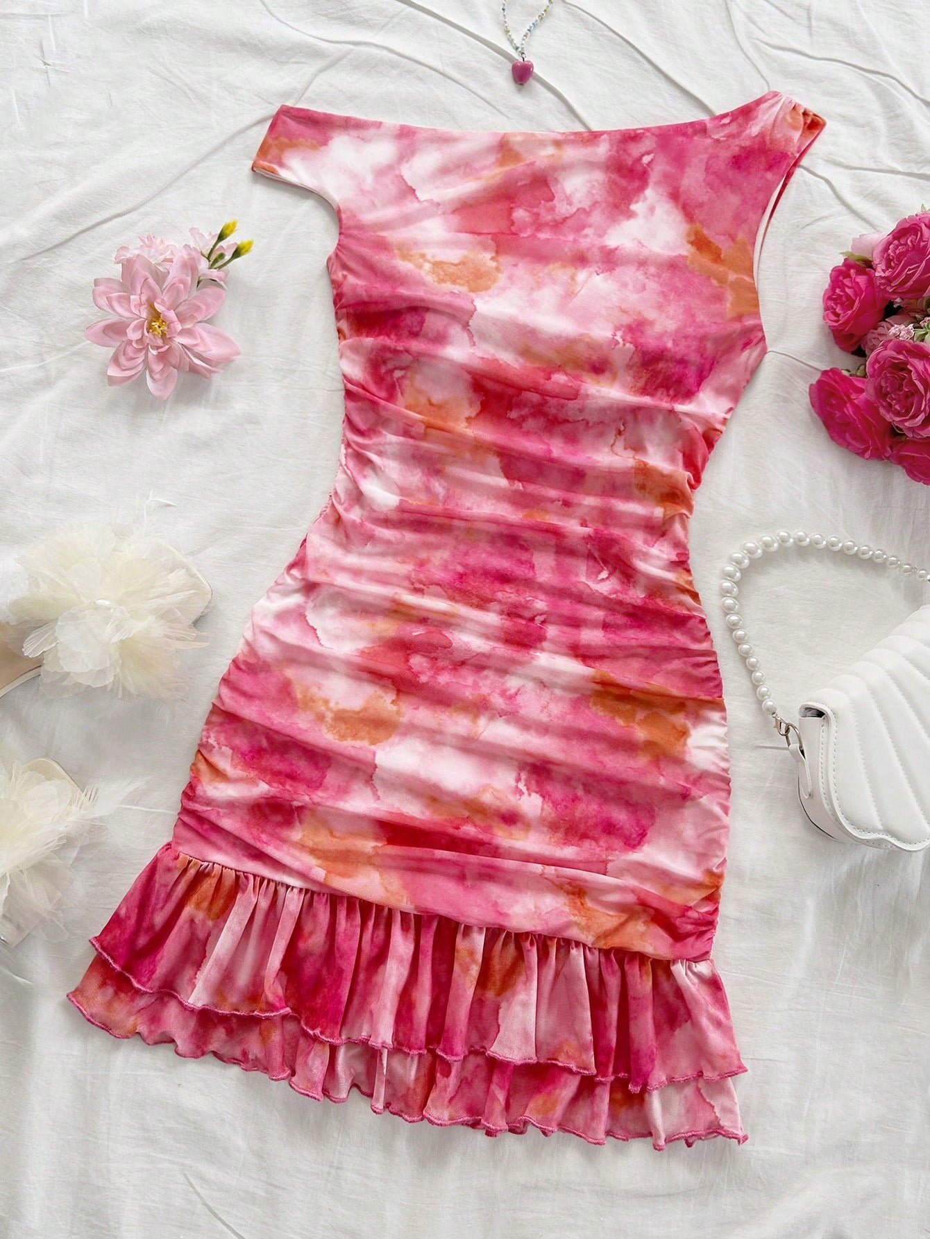 Soleia Women's Tie Dye Print Asymmetric Shoulder Ruffled Fitted Layered Mini Dress,Pink And White,Summer,Girly,Night Out,Party,No Chest Padding