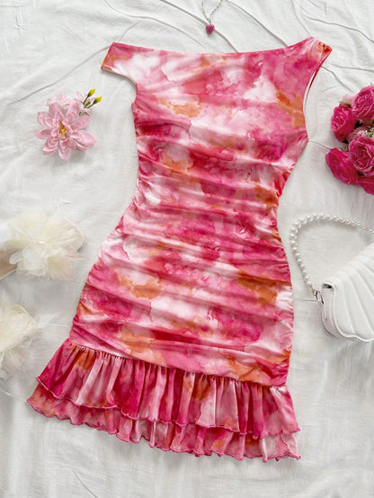 Soleia Women's Tie Dye Print Asymmetric Shoulder Ruffled Fitted Layered Mini Dress,Pink And White,Summer,Girly,Night Out,Party,No Chest Padding