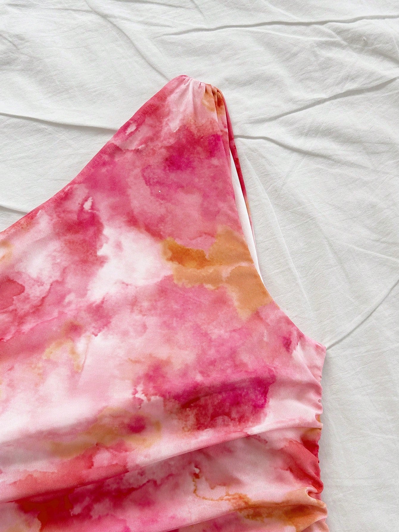 Soleia Women's Tie Dye Print Asymmetric Shoulder Ruffled Fitted Layered Mini Dress,Pink And White,Summer,Girly,Night Out,Party,No Chest Padding