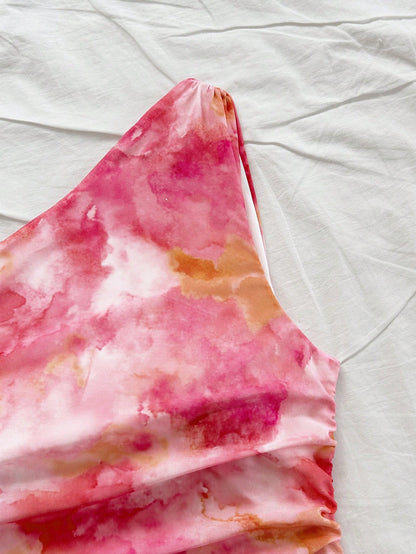 Soleia Women's Tie Dye Print Asymmetric Shoulder Ruffled Fitted Layered Mini Dress,Pink And White,Summer,Girly,Night Out,Party,No Chest Padding